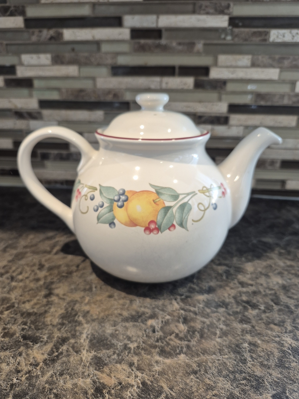 Corelle White Teapot with Fruit and Leaf Motif